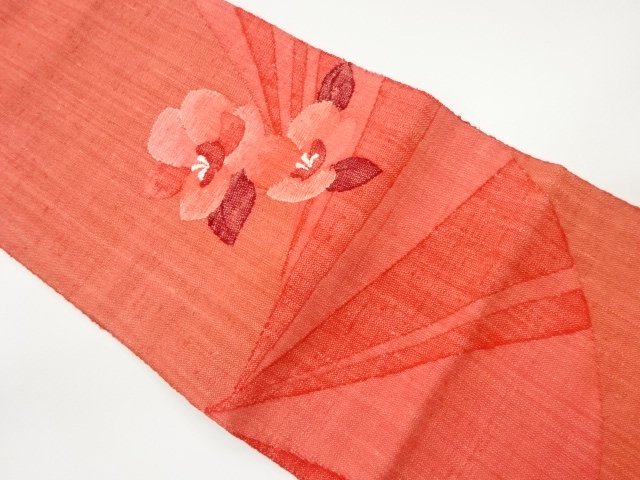 手織り真綿紬変わり横段に花模様織出し名古屋帯